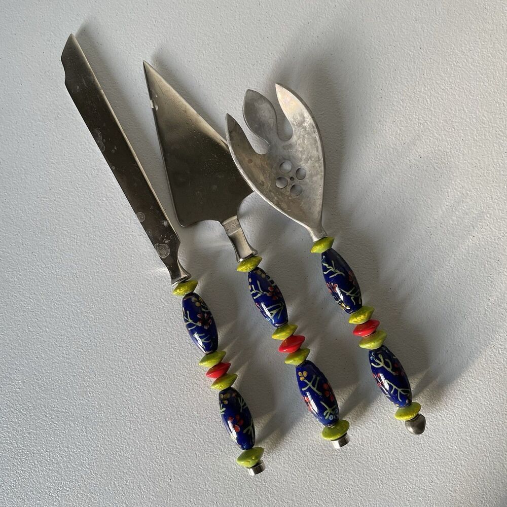 Kitchen Utensils Spoon Pie Server Knife Ceramic Pottery Handle Steel Set of 3